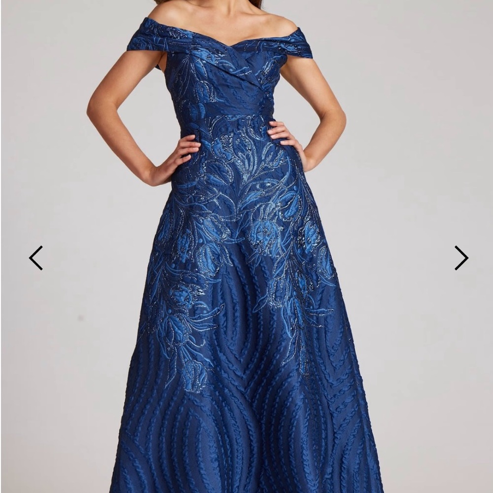 Teri Jon Blue Off-Shoulder Textured Metallic Jacquard Gown